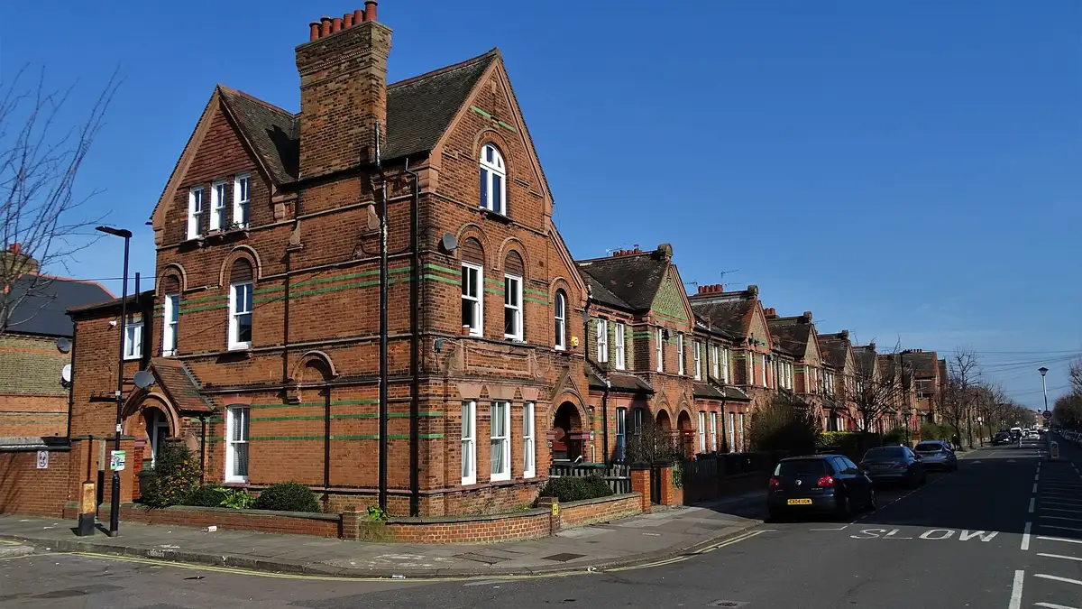 Red-brick Victorian terraced houses on Gladstone Avenue in the Noel Park estate, Wood Green
