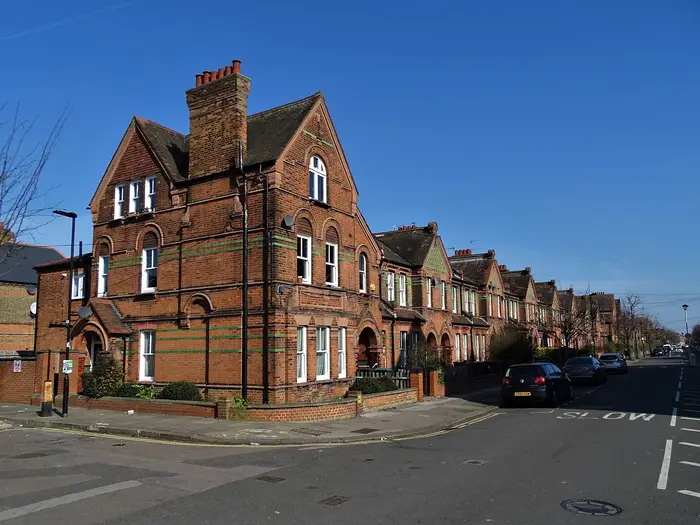 Red-brick Victorian terraced houses on Gladstone Avenue in the Noel Park estate, Wood Green