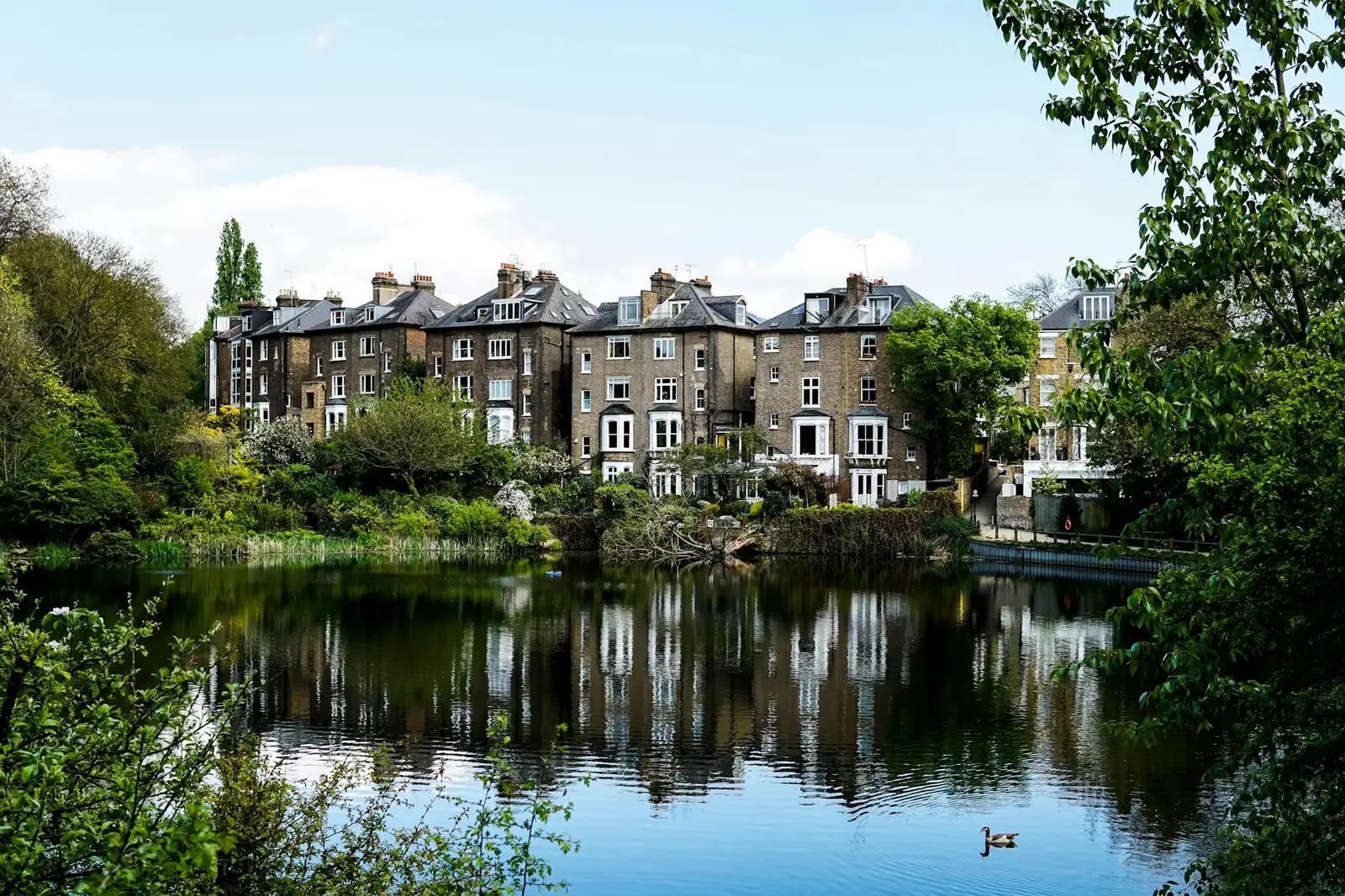 Victorian houses reflected in one of the ponds on Hampstead Heath