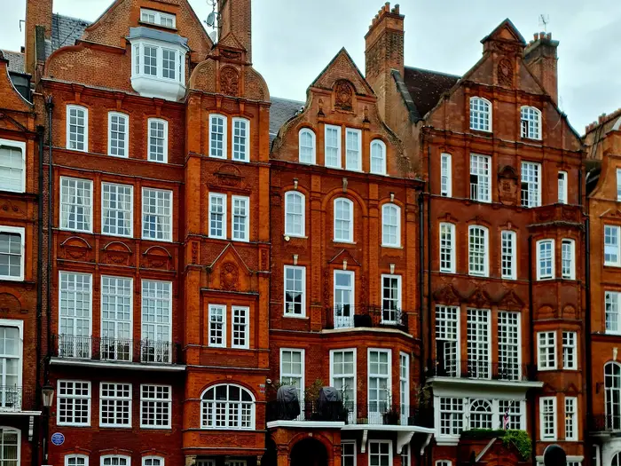 Ornate red-brick Queen Anne revival houses on Cadogan Square, Knightsbridge