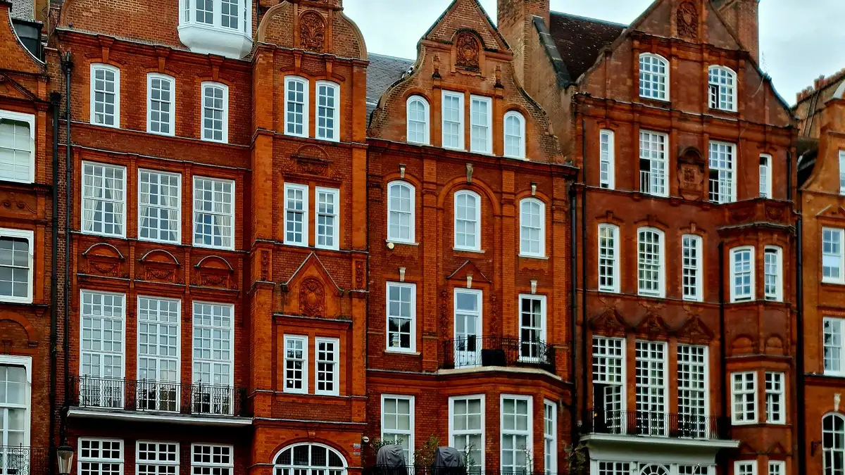 Ornate red-brick Queen Anne revival houses on Cadogan Square, Knightsbridge