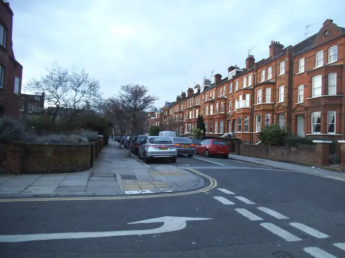 Red-brick mansion blocks on Fairhazel Gardens near Swiss Cottage