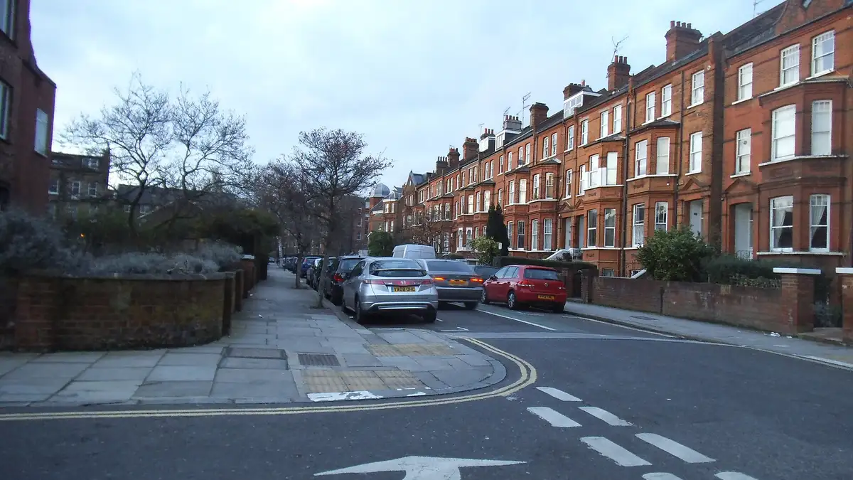 Red-brick mansion blocks on Fairhazel Gardens near Swiss Cottage